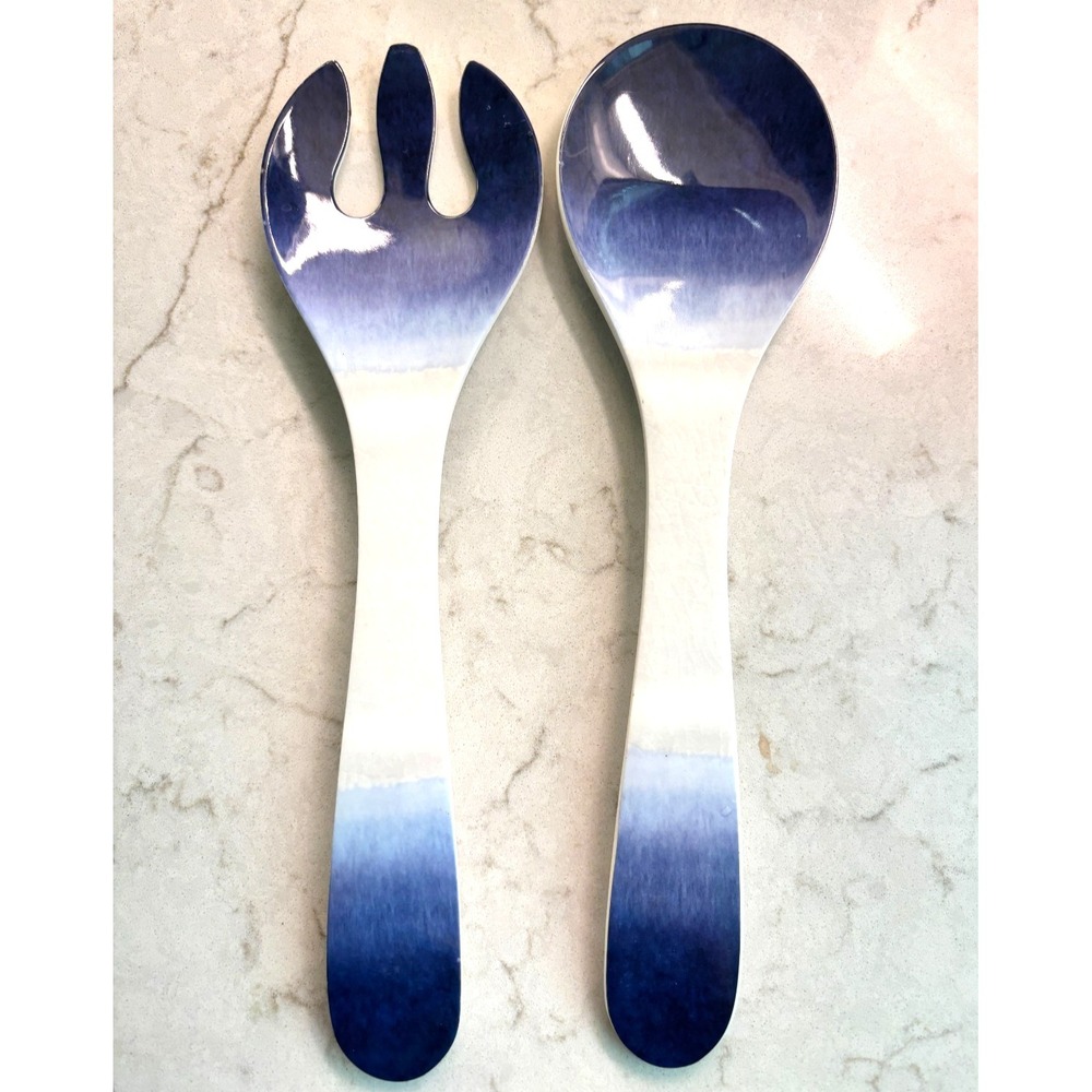 Salad Serve  Spoon Fork‎ Blue White Ombre Melamine Serving Utensils - Picture 3 of 11